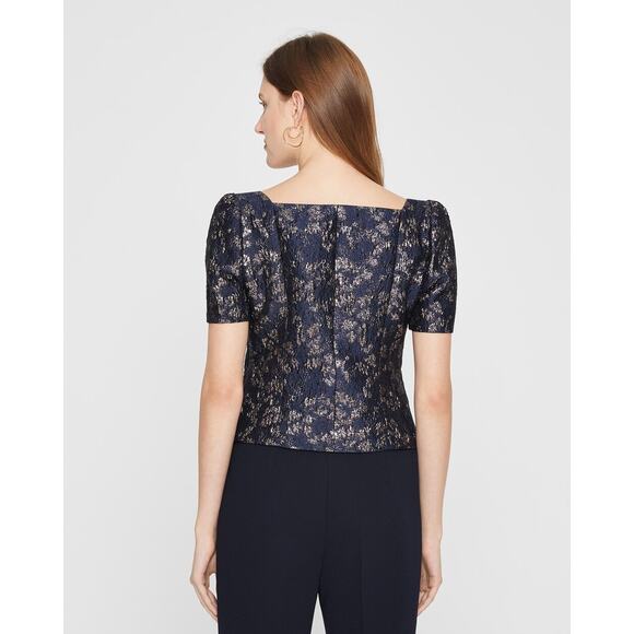 Club Monaco NWT Brocade Puff Sleeve Blouse in Blue Multi in Size 2 MSRP $150 - Picture 2 of 5